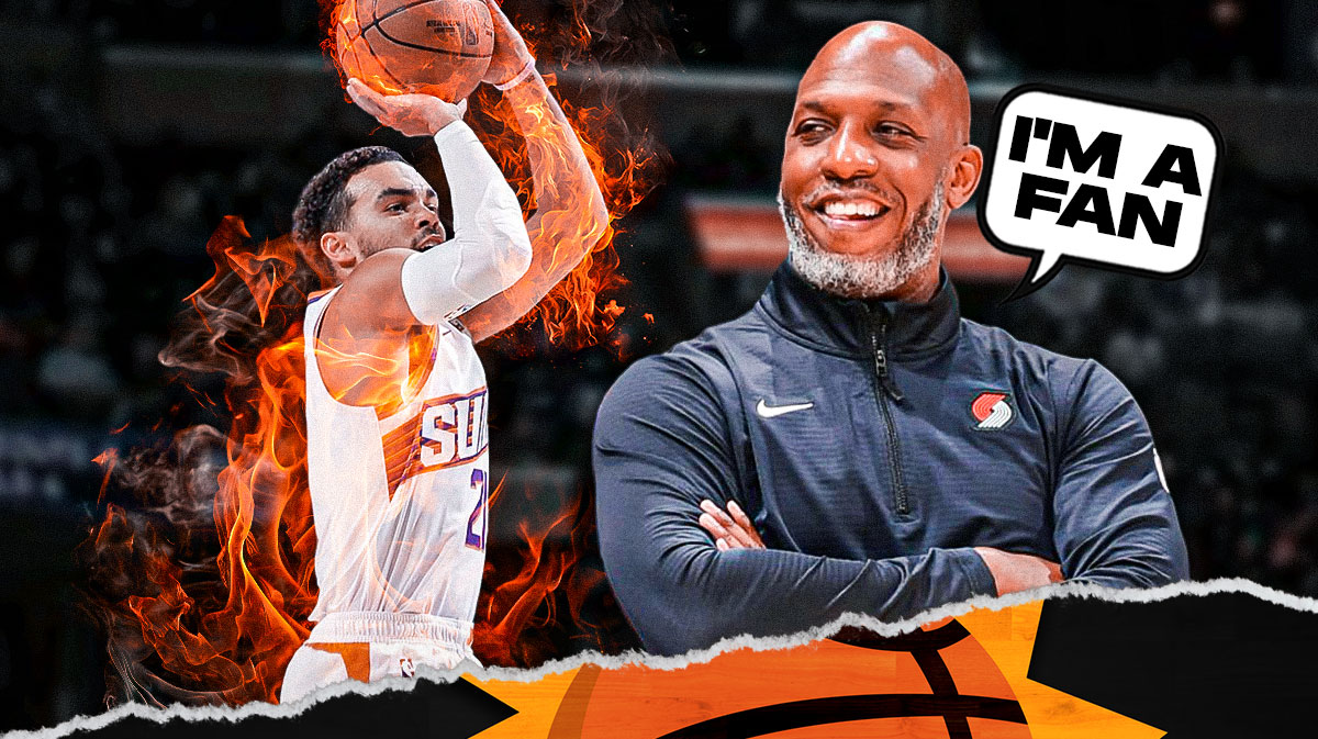 Trail Blazers head coach Chauncey Billups with a thought bubble that says "I'm a fan" with Suns point guard Tyus Jones shooting a ball on fire next to him, and a background of the Footprint Center