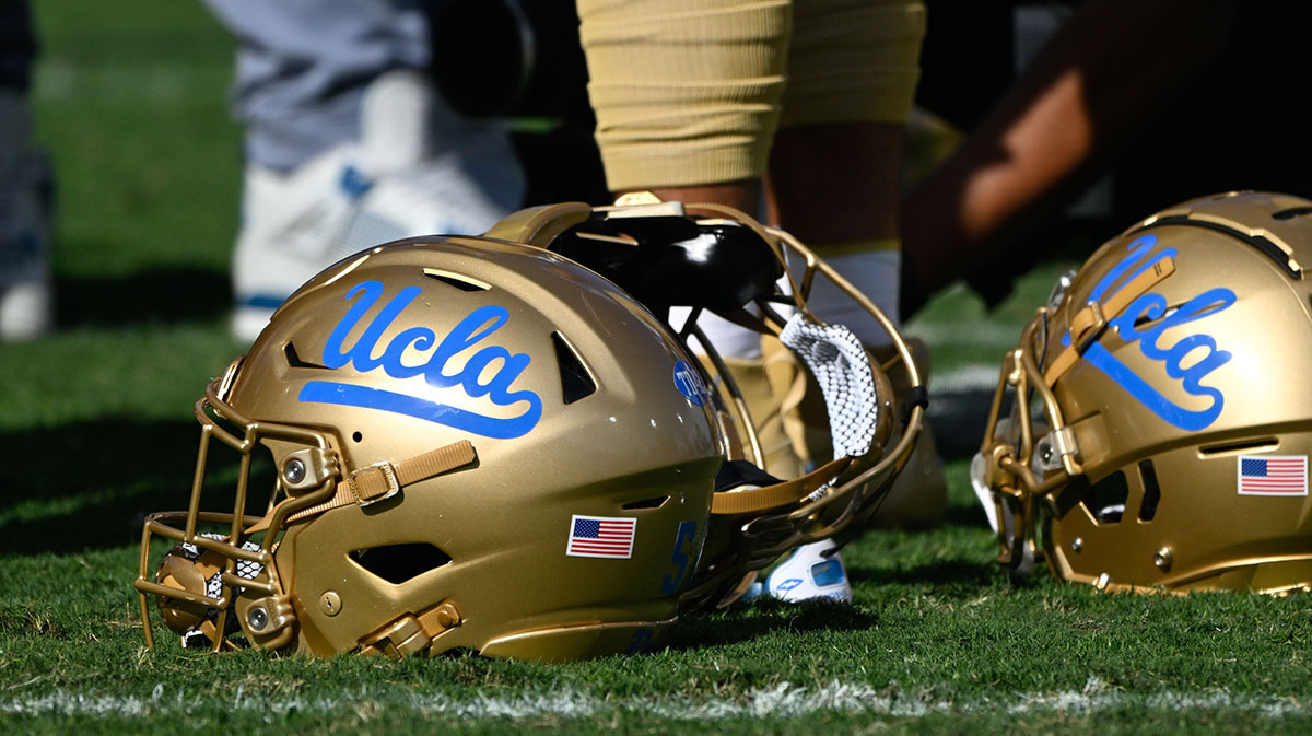 UCLA Bruins helmets during pregame warmups before playing the Fresno State Bulldogs at Rose Bowl.