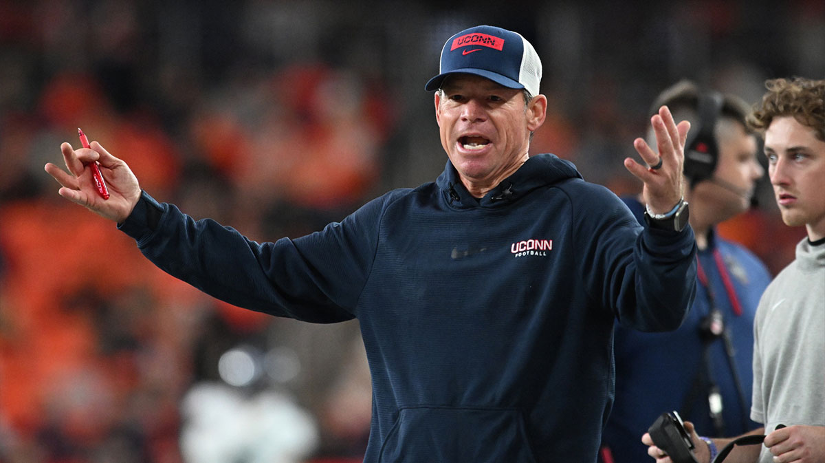 Connecticut Huskies head coach Jim Mora reacts to a call in the third quarter game against the Syracuse Orange at the JMA Wireless Dome.