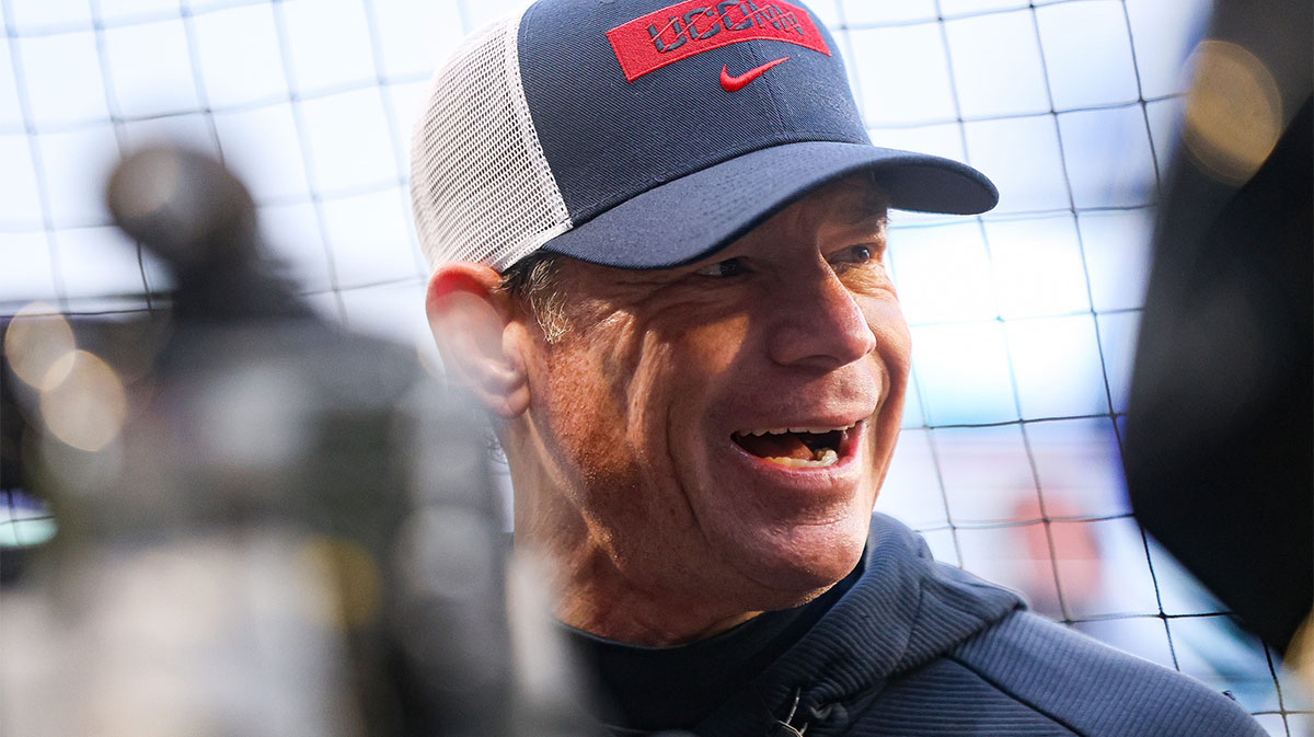UConn head football coach Jim Mora celebrates after winning the third annual Wasabi Fenway Bowl against North Carolina at Fenway Park on Saturday, Dec. 28, 2024.