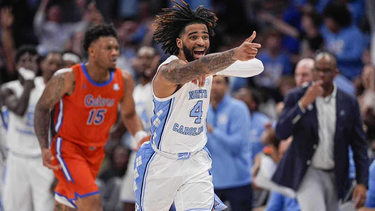 North Carolina Tar Heels guard RJ Davis (4) reacts to his three point play against the Florida Gators during the second half at Spectrum Center.