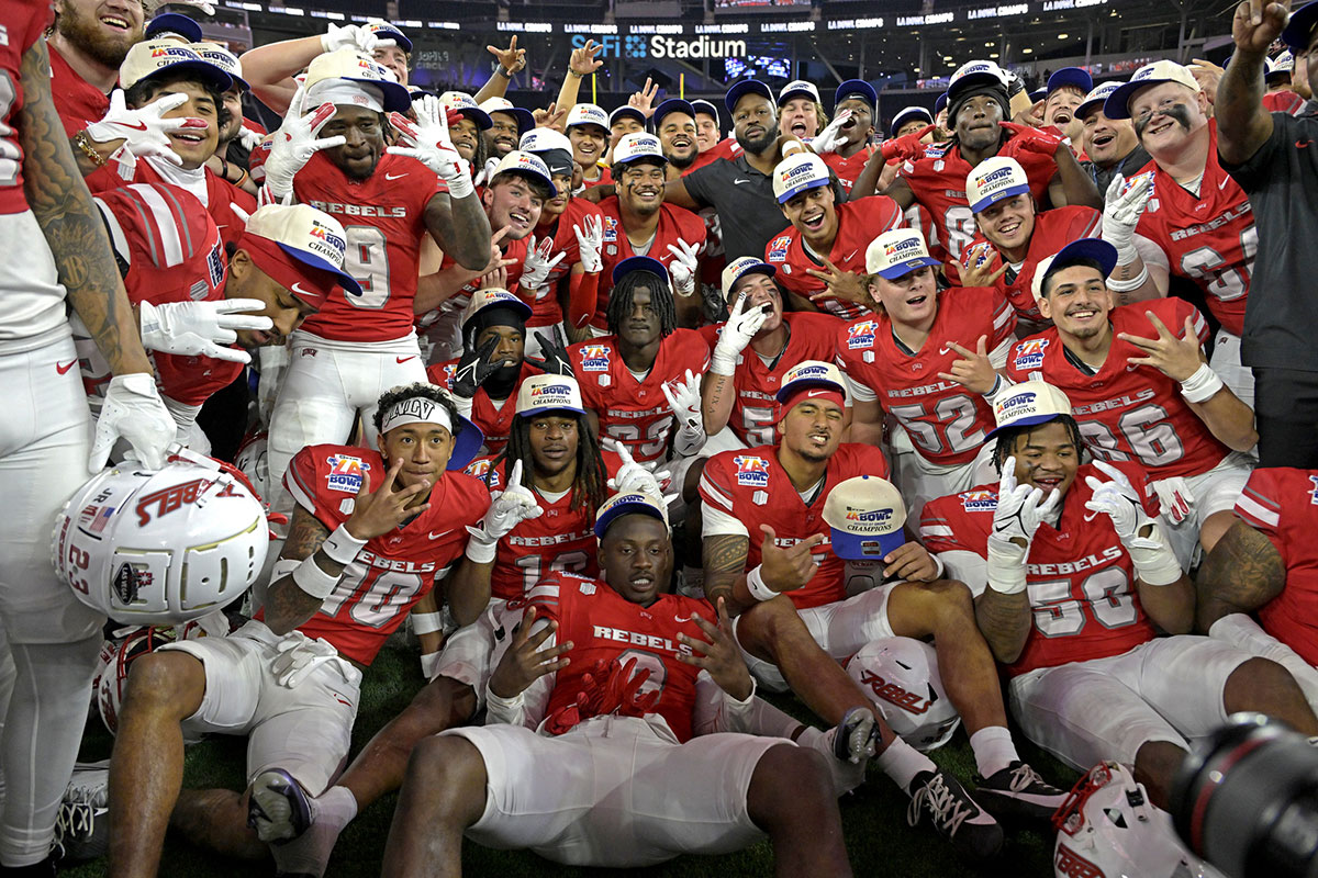 Dec 18, 2024; Inglewood, CA, USA; The UNLV Rebels celebrate after defeating the California Golden Bears in the LA Bowl at SoFi Stadium.