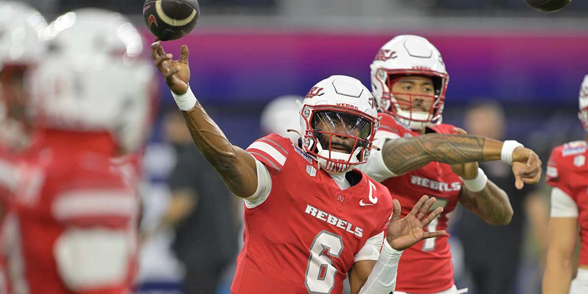 Dec 18, 2024; Inglewood, CA, USA; UNLV Rebels quarterback Hajj-Malik Williams (6) warms up prior to the LA Bowl against the California Golden Bears at SoFi Stadium.
