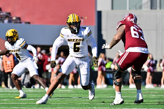 Missouri Tigers defensive end Williams Nwaneri (6) in action against Massachusetts Minutemen offensive lineman Brayden Rohme (63) during the second half at Warren McGuirk Alumni Stadium.