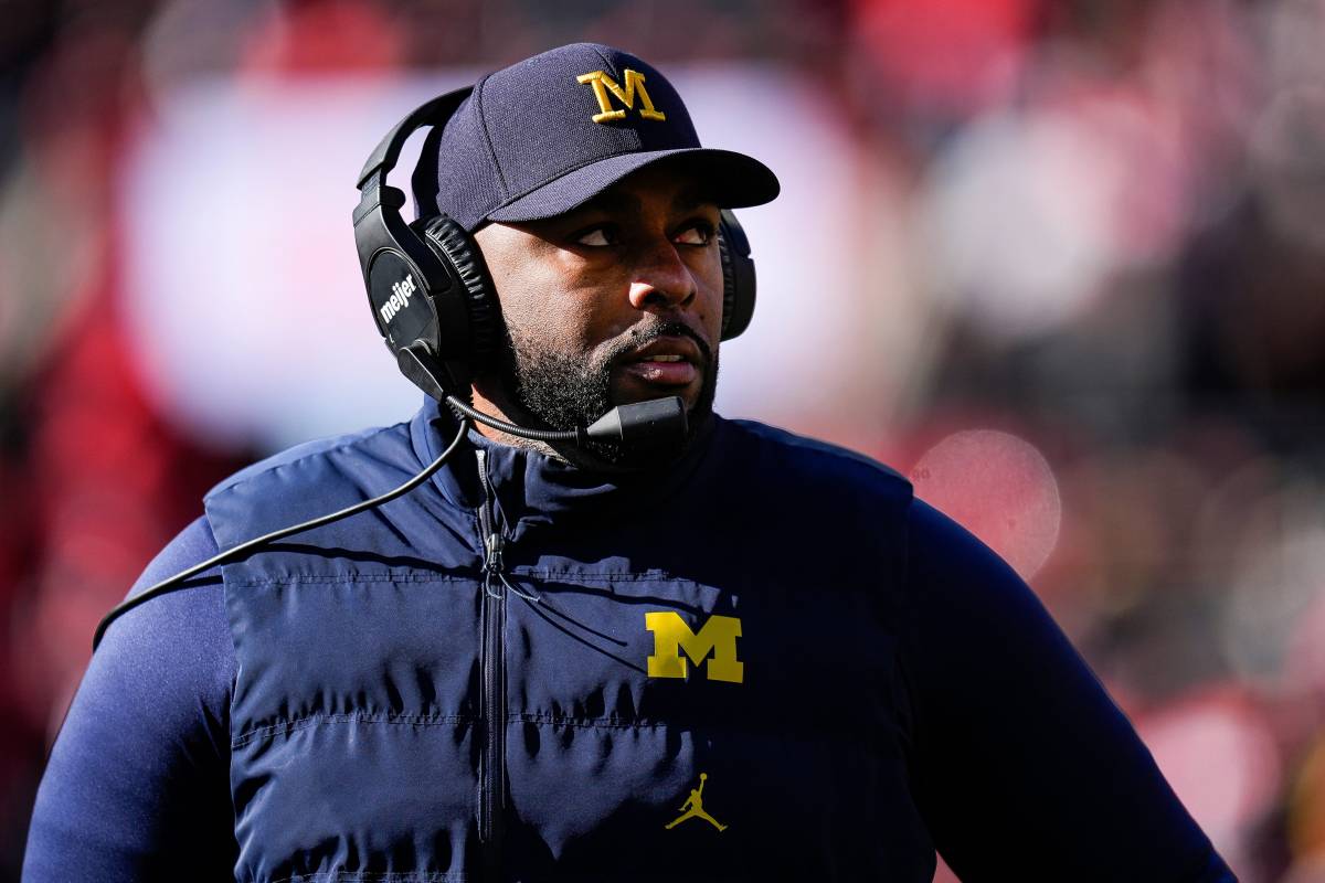 Michigan head coach Sherrone Moore looks on at a timeout against Ohio State during the first half at Ohio Stadium