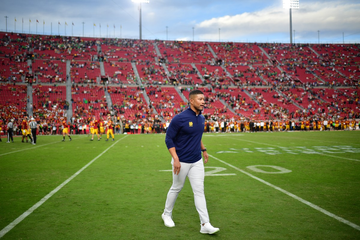 Notre Dame Fighting Irish head coach Marcus Freeman reacts during the second half at the Los Angeles Memorial Coliseum.