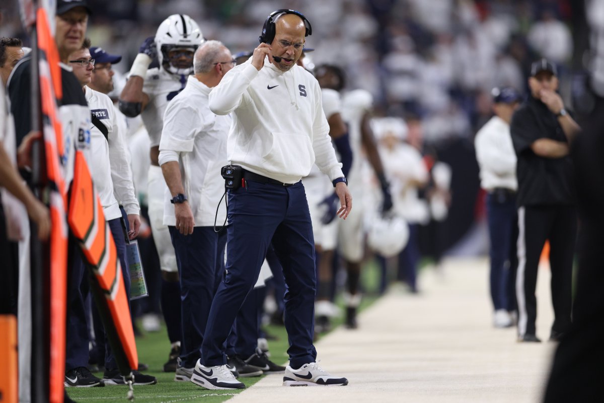 Penn State Nittany Lions head coach James Franklin talks during the first quarter against the Oregon Ducks in the 2024 Big Ten Championship game at Lucas Oil Stadium.