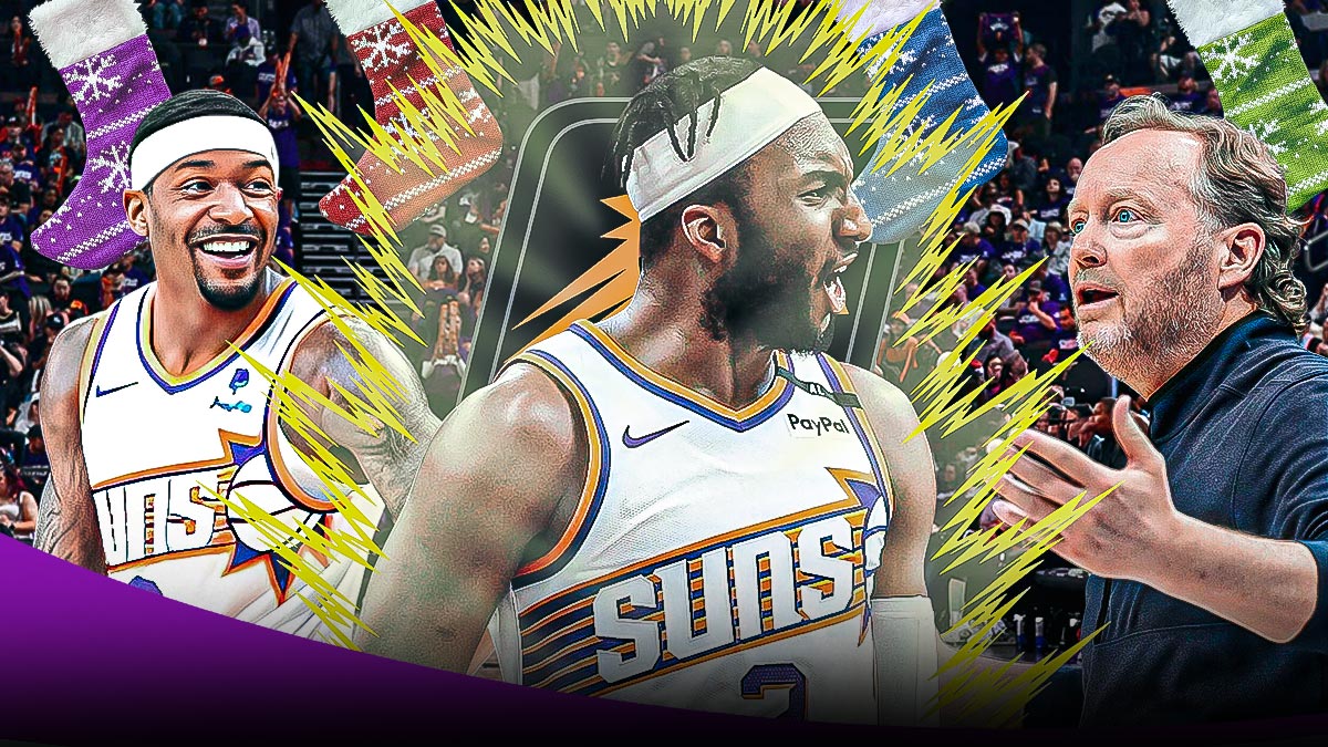 Phoenix Suns guard Josh Okogie screaming and hyped up, with a Dragon Ball Z, Super Saiyan glow around him, with Suns guard Bradley Beal and head coach Mike Budenholzer both smiling next to him. There's also Christmas stockings with the Suns logo on them either above or below the players.