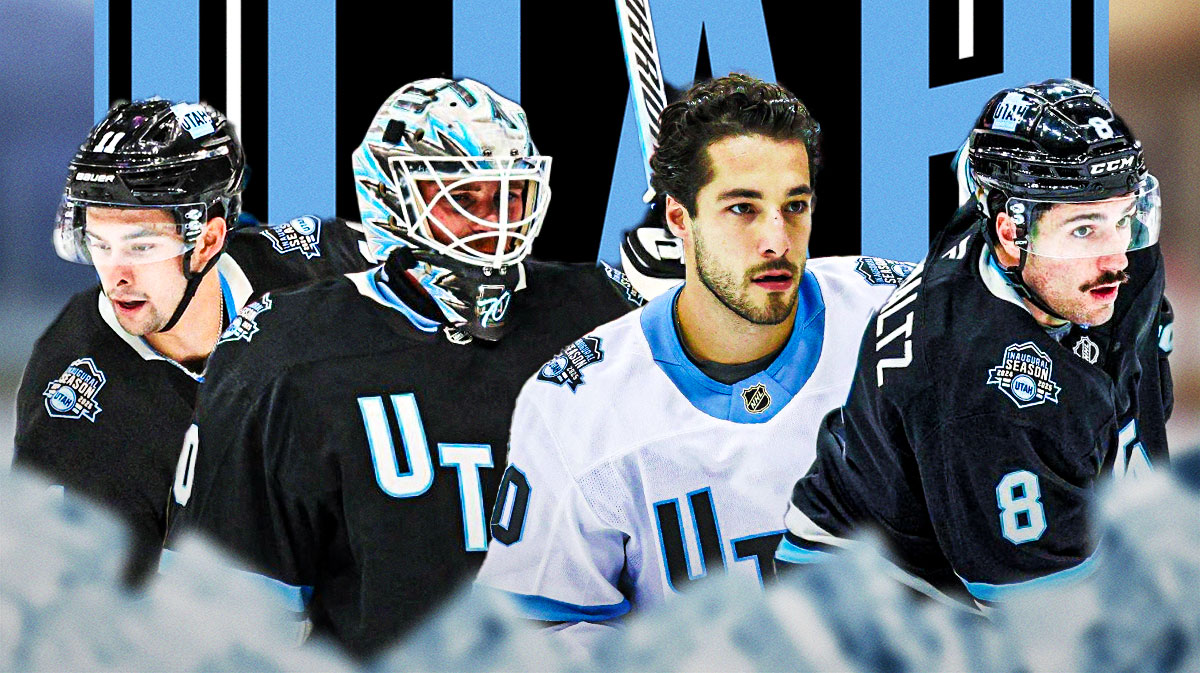 Dylan Guenther, Karel Vejmelka, Sean Durzi and Nick Schmaltz in image, Utah Hockey Club lobo, hockey rink in background