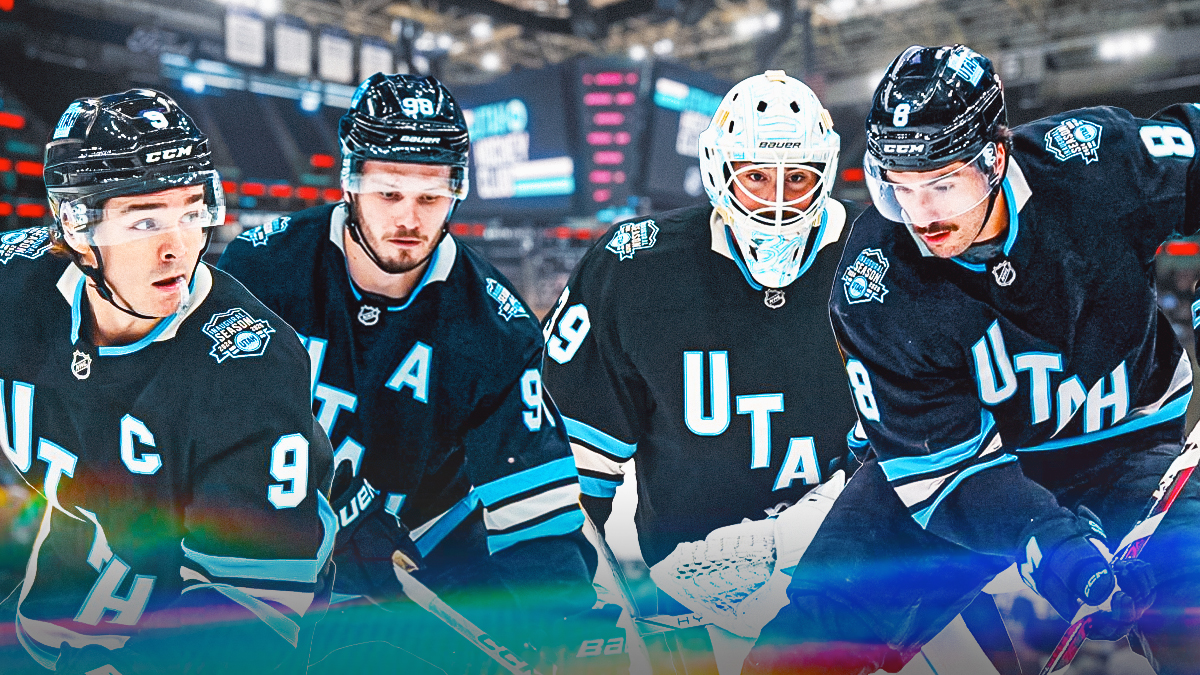 Utah HC players Clayton Keller, Nick Schmaltz, Connor Ingram, and Mikael Sergachev inside Delta Center configured for hockey