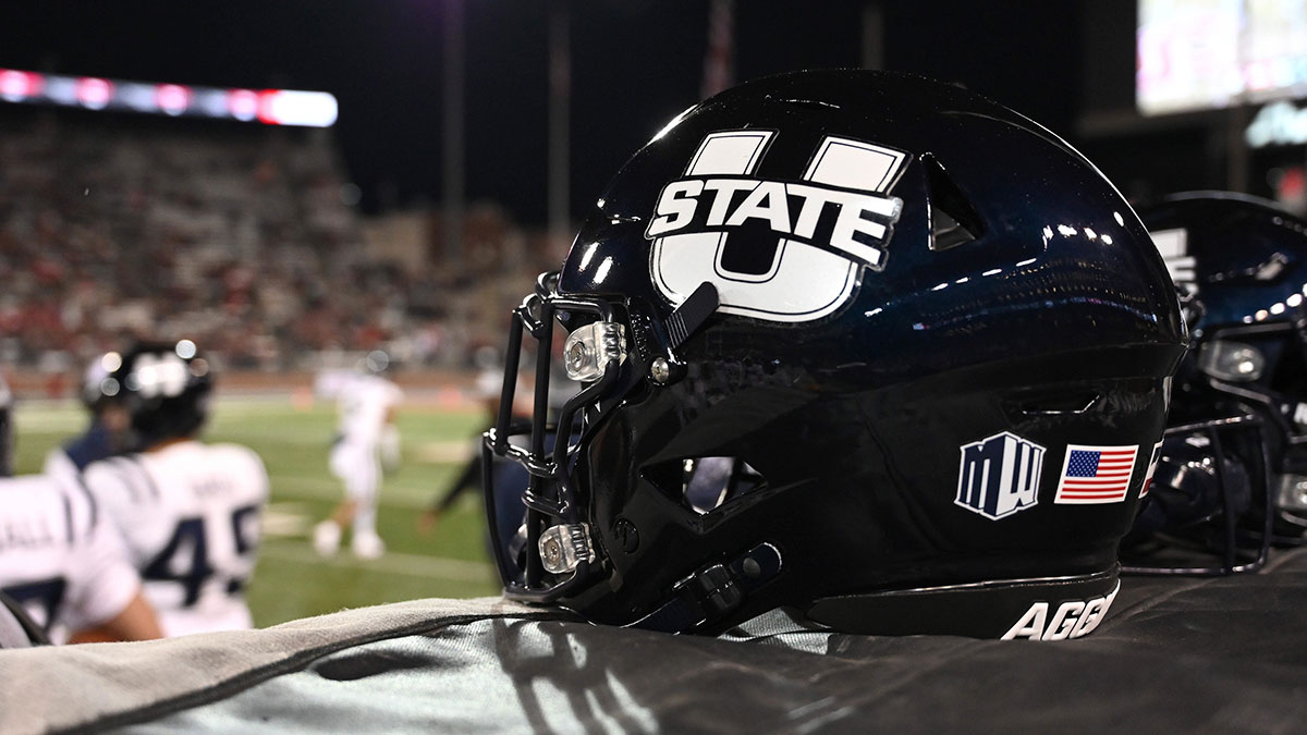 Utah State Aggies helmet sits during a game against the Washington State Cougars in the second half at Gesa Field at Martin Stadium.