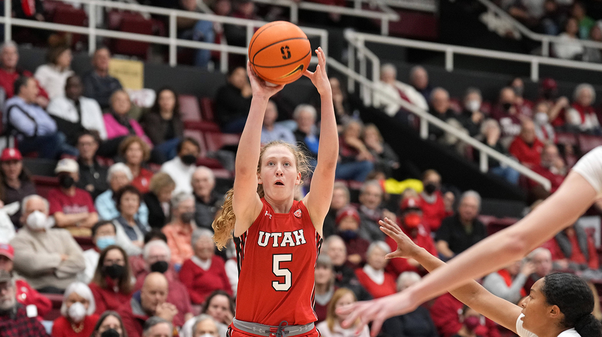 Utah women's basketball guard Gianna Kneepkens (5) shoots against Stanford Cardinal during the second quarter