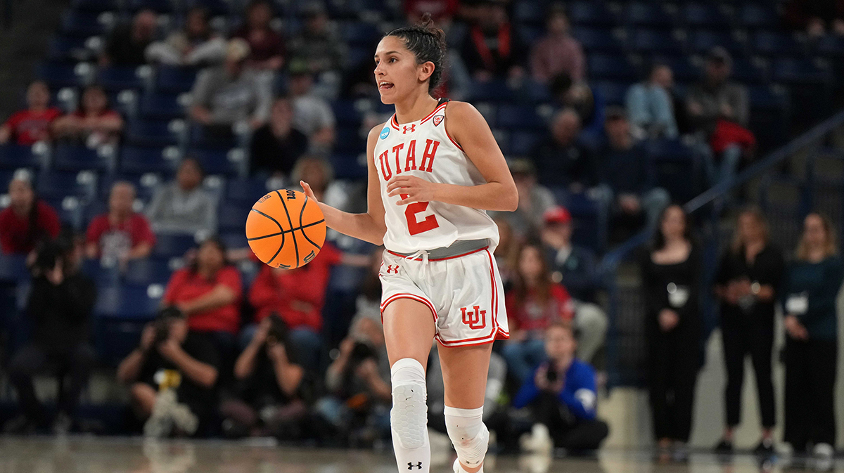 Utah women's basketball guard Ines Vieira (2) dribbles the ball against the South Dakota State Jackrabbits during the second half