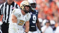 Vanderbilt Commodores quarterback Diego Pavia (2) celebrates a first down as Auburn Tigers take on Vanderbilt Commodores at Jordan-Hare Stadium in Auburn, Ala., on Saturday, Nov. 2, 2024. The Vanderbilt Commodores defeated Auburn Tigers 17-7.