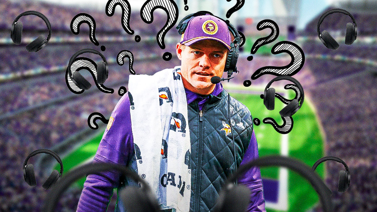 Vikings head coach Kevin O'Connell with question marks around him, and headsets around him as well