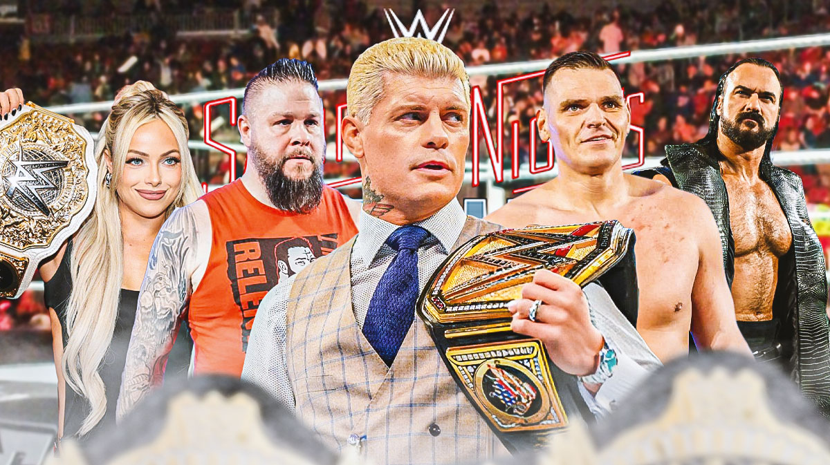 WWE stars Liv Morgan, Kevin Owens, Cody Rhodes, Gunther, and Drew McIntyre with Saturday Night's Main Event logo.