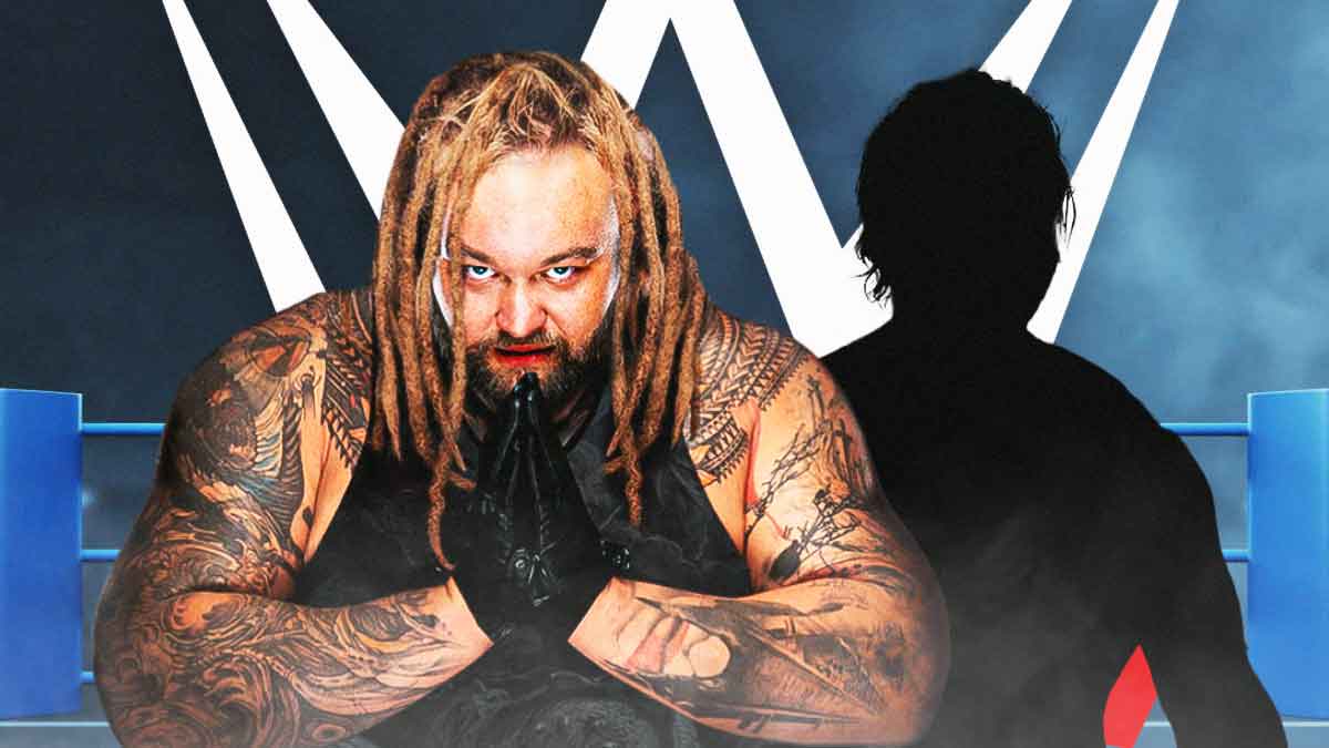 Bray Wyatt next to the blacked-out silhouette of Karrion Kross in front of the WWE logo.