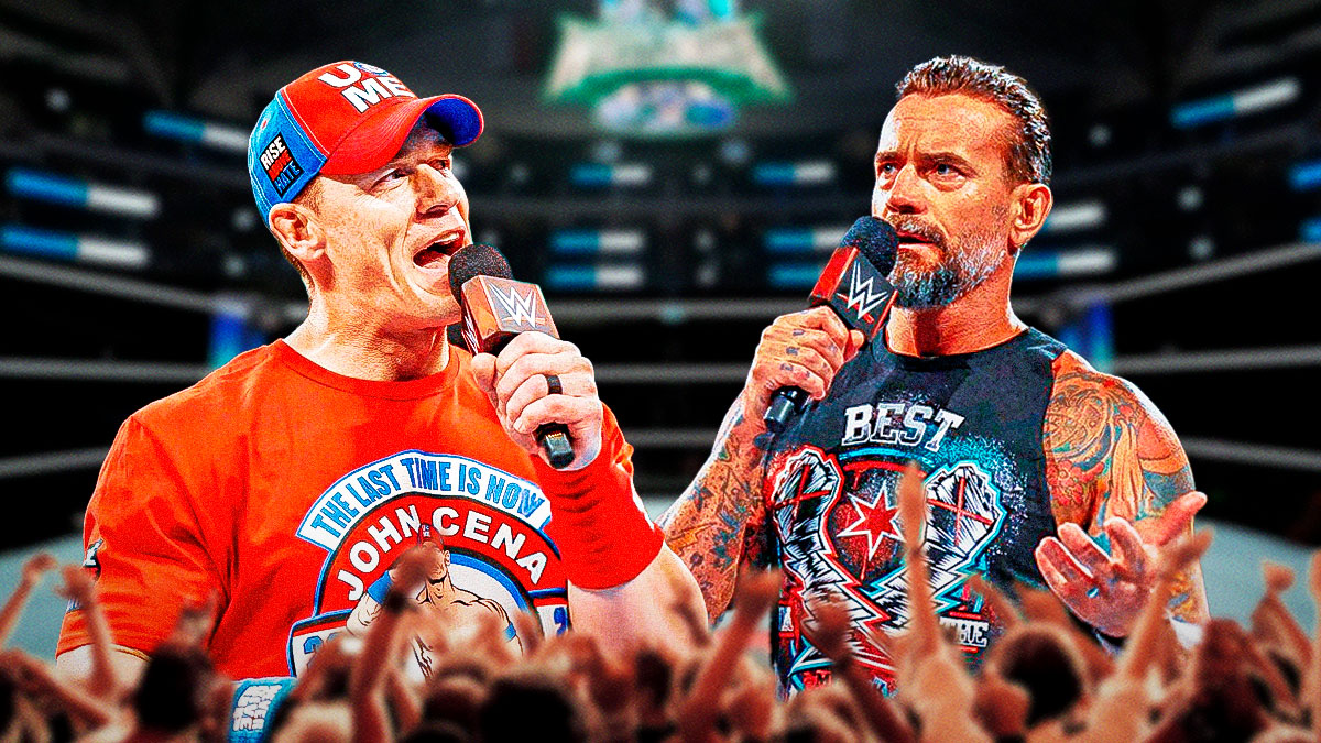 WWE stars John Cena and CM Punk in a ring.