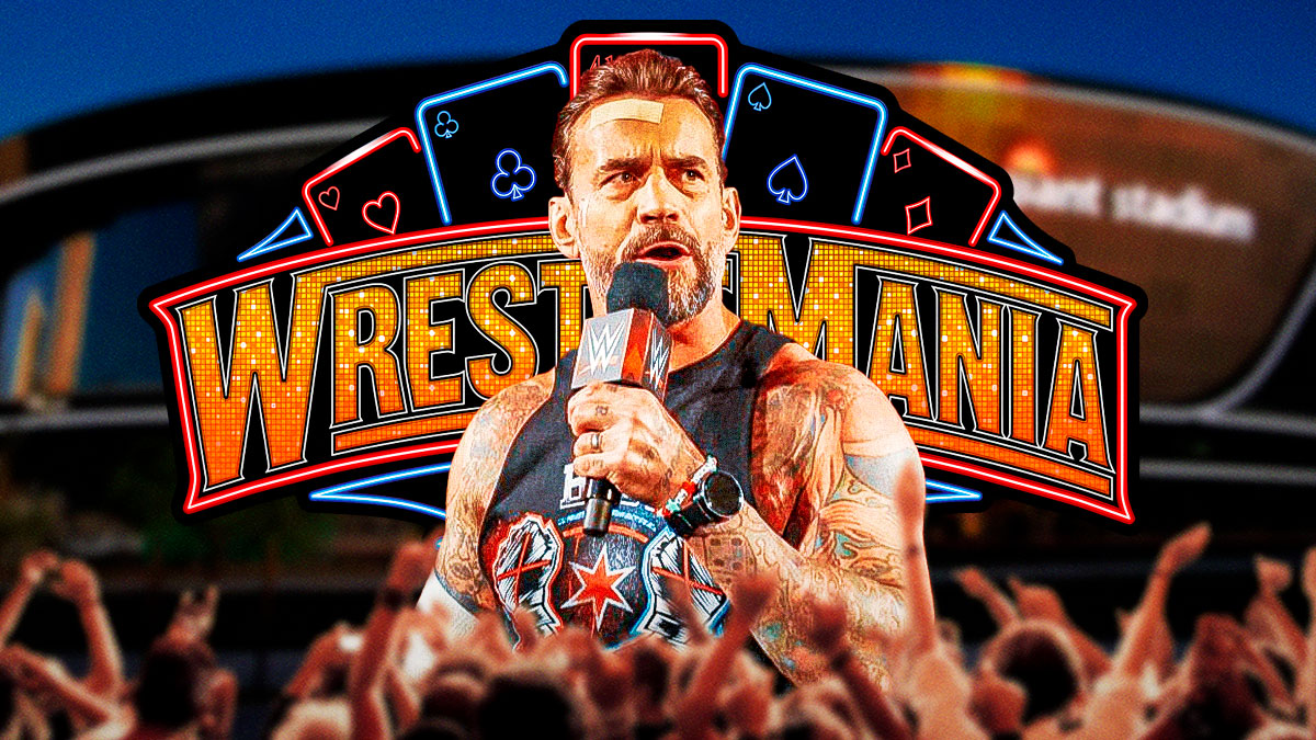 CM Punk with WWE WrestleMania 41 logo and Allegiant Stadium behind him.