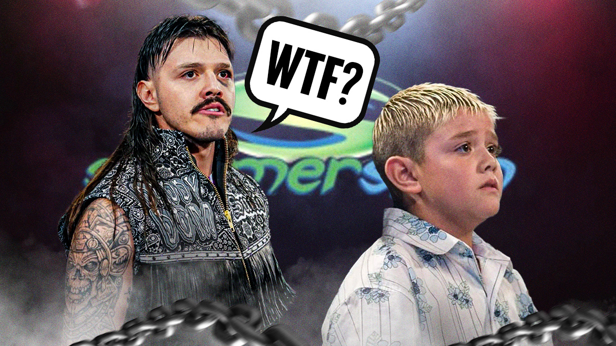Dominik Mysterio next to 2005 SummerSlam Dominik Mysterio with a text bubble reading "WTF?" in front of the 2005 SummerSlam logo.
