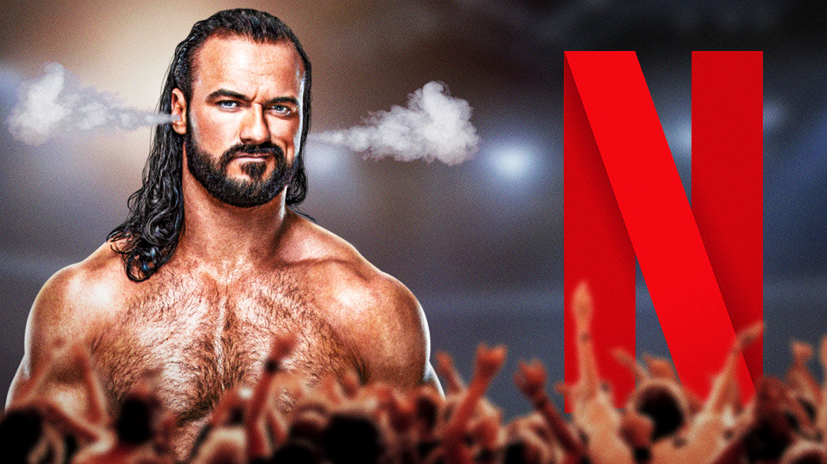 WWE star Drew McIntyre with smoke coming from his ears with Netflix logo, where Monday Night RAW will stream.