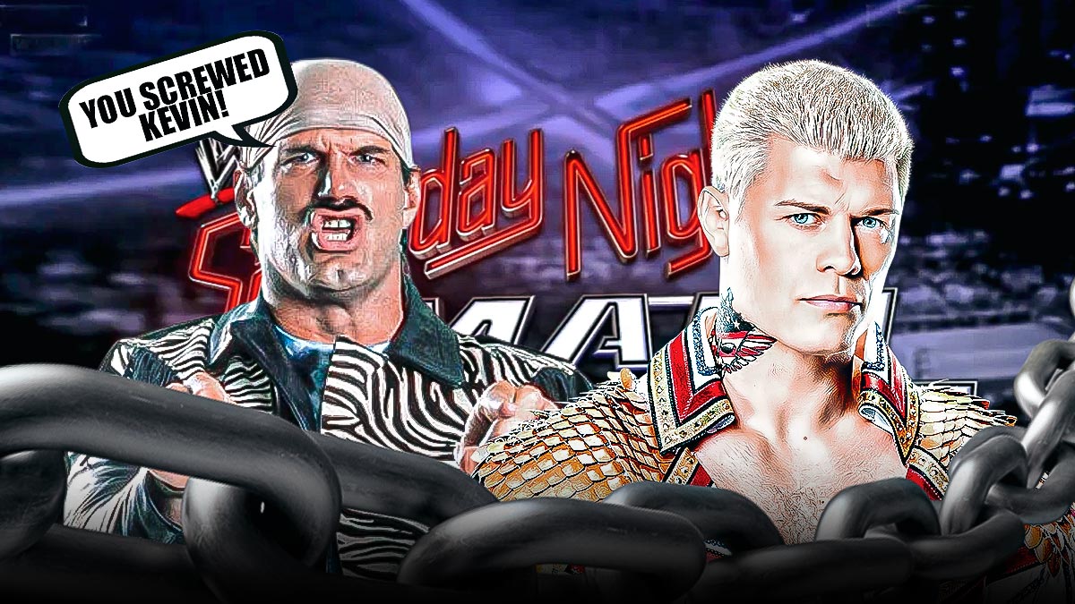 Jesse Ventura with a text bubble reading "You screwed Kevin!" next to Cody Rhodes with the Saturday Night's Main Event logo as the background.
