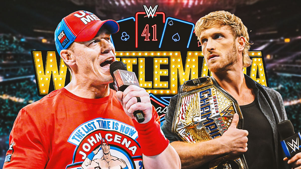 WWE stars John Cena, who will go on his farewell tour in 2025, and Logan Paul with WrestleMania 41 logo and Allegiant Stadium behind them.