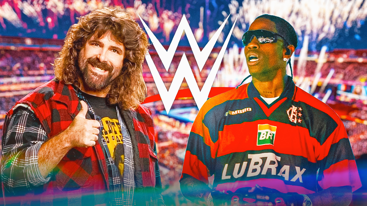 Mick Foley and Travis Scott in front of the WWE logo