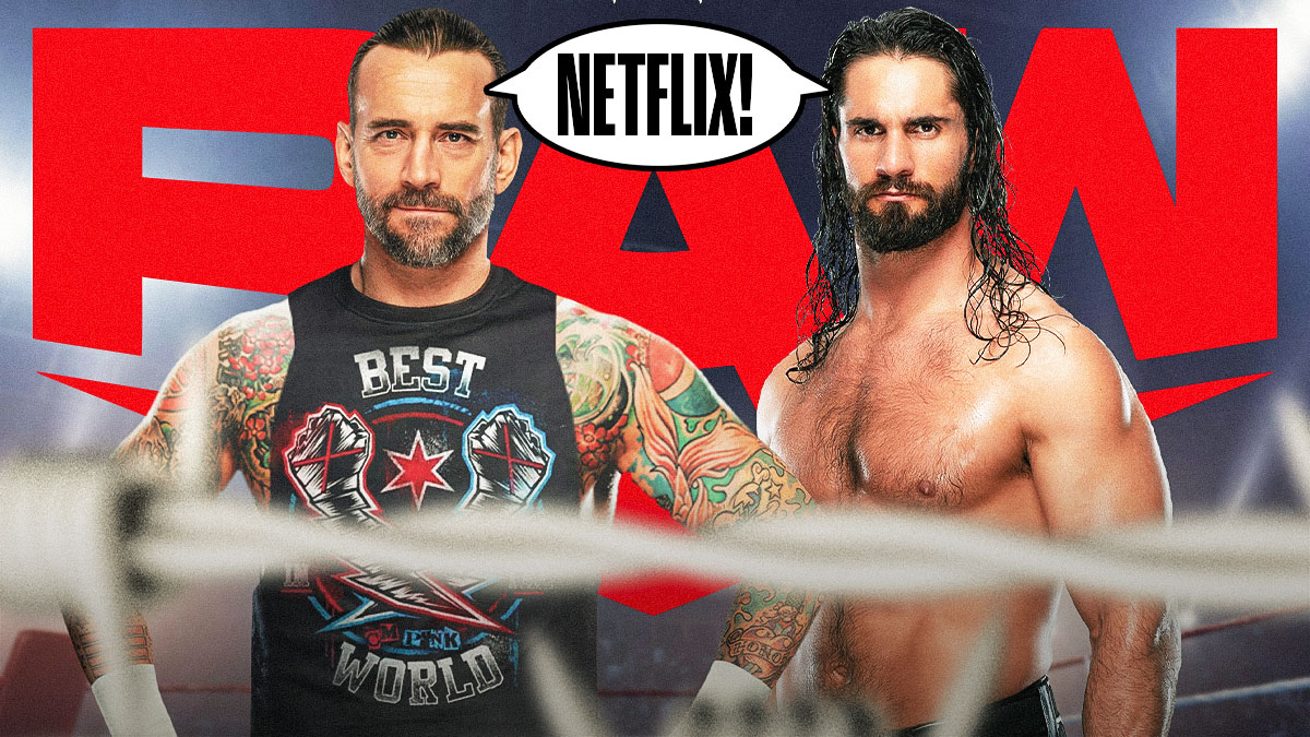 Seth Rollins, CM Punk in front of the RAW logo each with a text bubble reading "Netflix!"