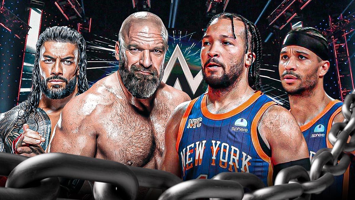 Triple H and Roman Reigns in the middle with Jalen Brunson on their left and Josh Hart on their right.