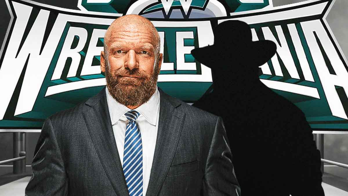 Triple H next to the blacked-out silhouette of Undertaker in front of the WrestleMania 40 logo as the background.