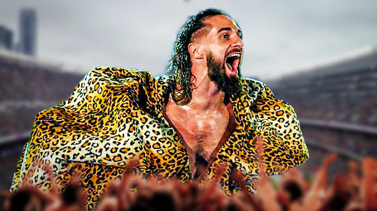WWE star Seth Rollins with Soldier Field background, where the Chicago Bears and Detroit Lions played on December 22, 2024.