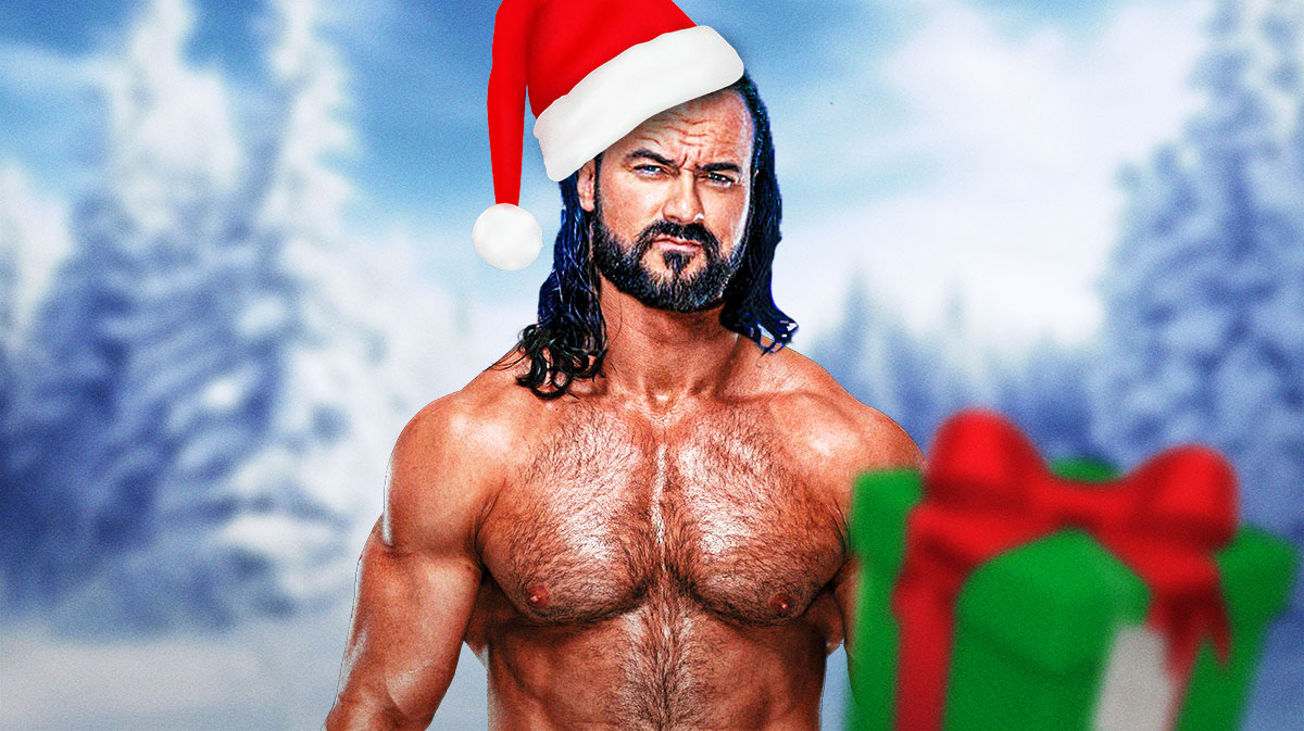 WWE star Drew McIntyre, who spoofed iconic Christmas movie Love Actually, with Santa Claus hat on and snowy background.