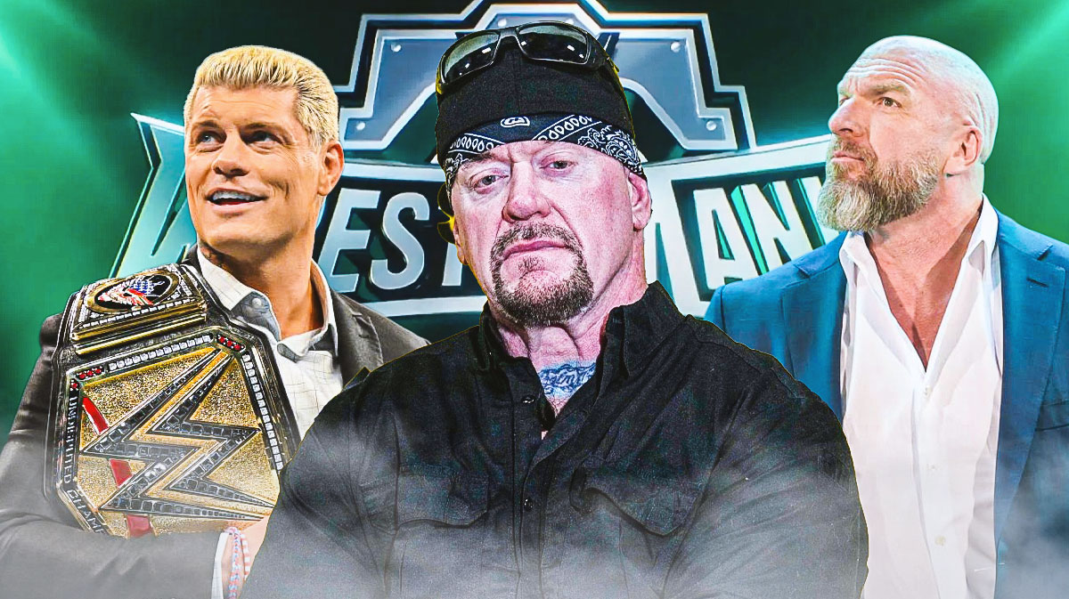 WWE stars Cody Rhodes, The Undertaker, and Paul Triple H Levesque with WrestleMania XL background.