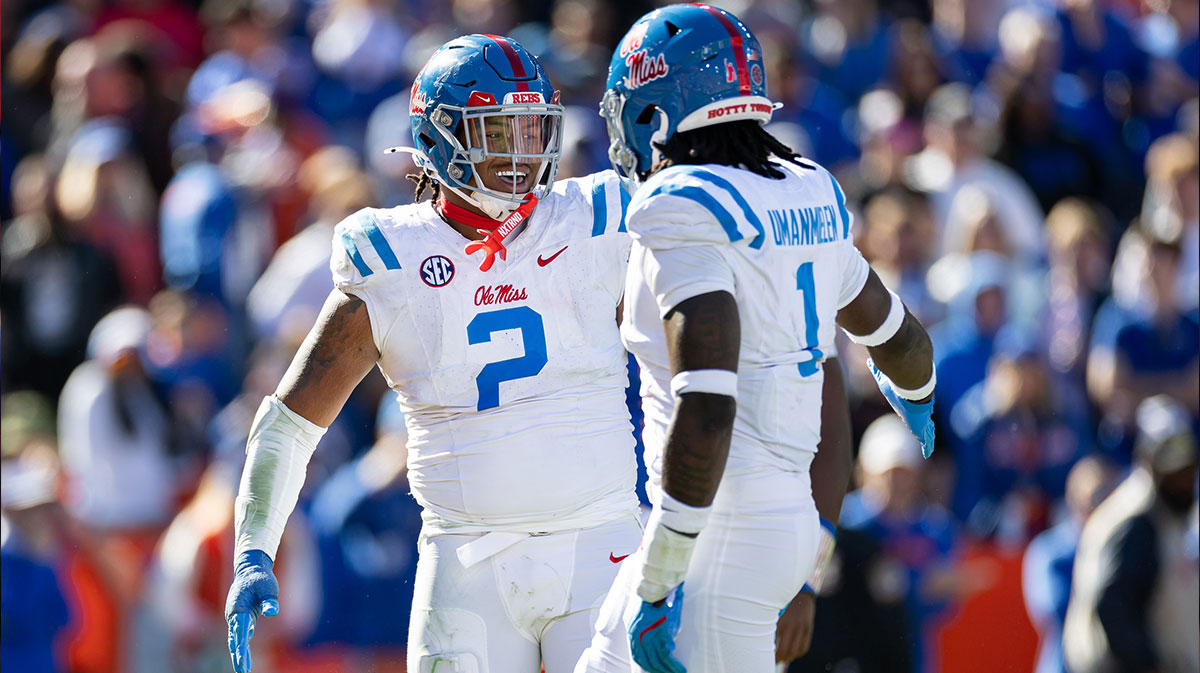 Mississippi Rebels defensive tackle Walter Nolen (2) and defensive end Princely Umanmielen (1) celebrate a sack against the Florida Gators during the second half at Ben Hill Griffin Stadium.