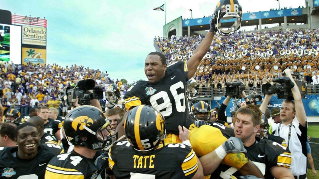 Jan. 1, 2005: Warren Holloway is carried by his teammates after catching the game-winning 56-yard touchdown pass from Drew Tate in the 2005 Capital One Bowl in Orlando, Florida.