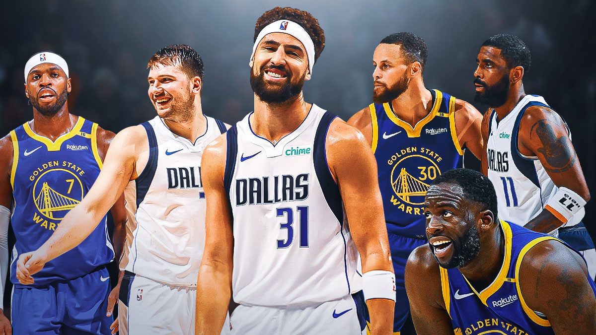 Steph Curry, Buddy Hield, and Draymond Green standing against Luka Doncic, Klay Thompson and Kyrie Irving.