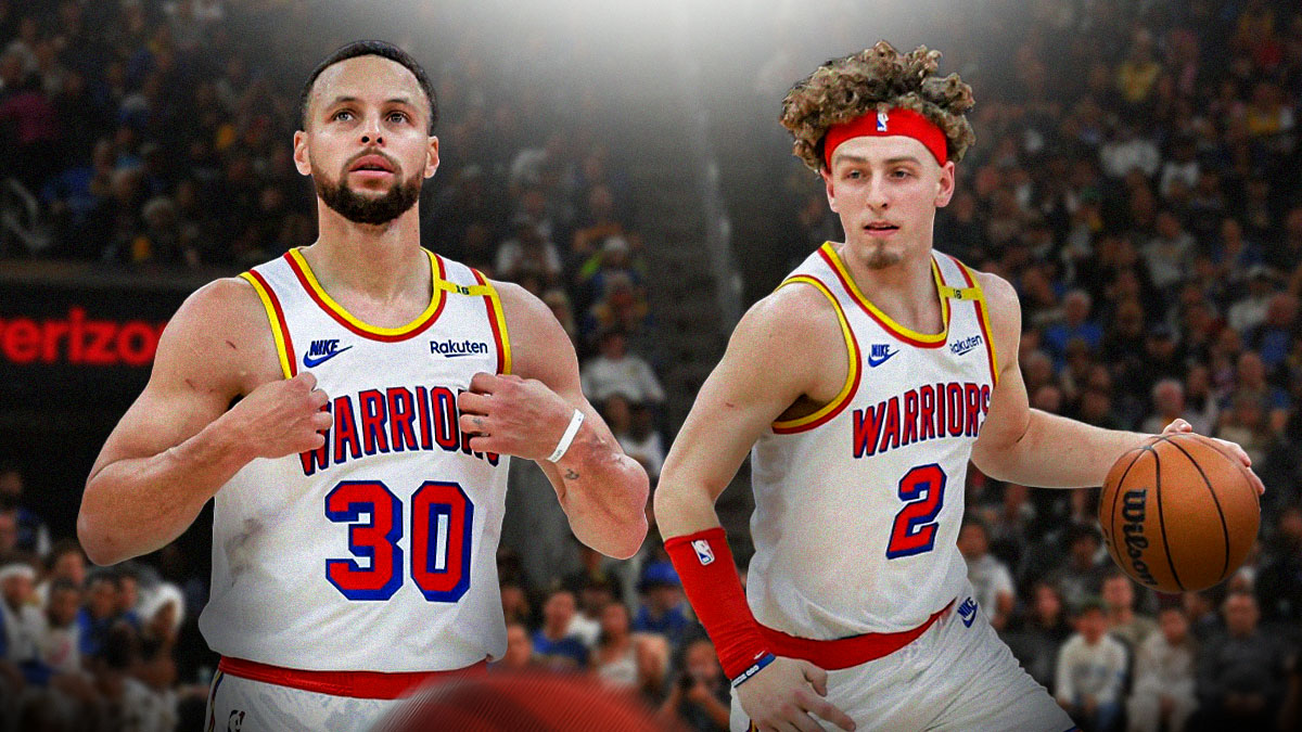 Golden State Warriors stars Brandin Podziemski and Stephen Curry in front of the Chase Center.
