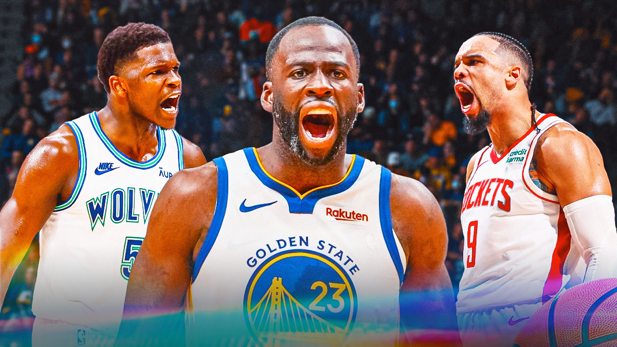 cutout of Draymond Green front and center please in his warriors jersey angry and yelling with Timberwolves' Anthony Edwards and Rockets' Dillon Brooks beside him