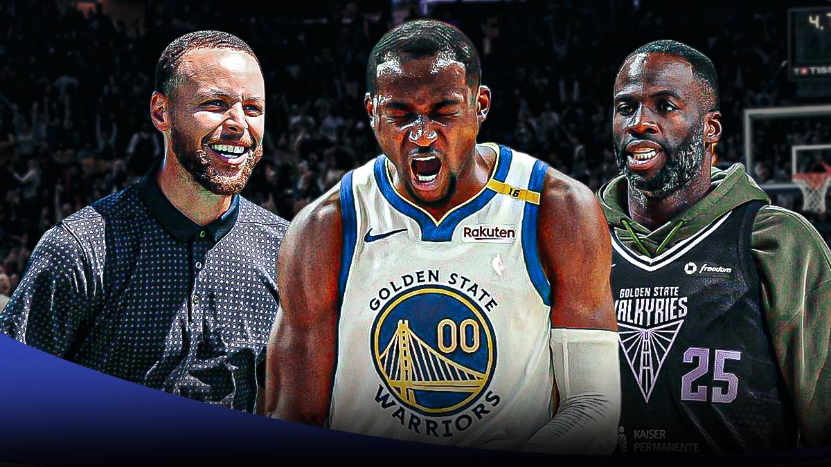 Warriors' Jonathan Kuminga hyped up, with Draymond Green and Stephen Curry (in casual clothes) heart eyes towards Kuminga