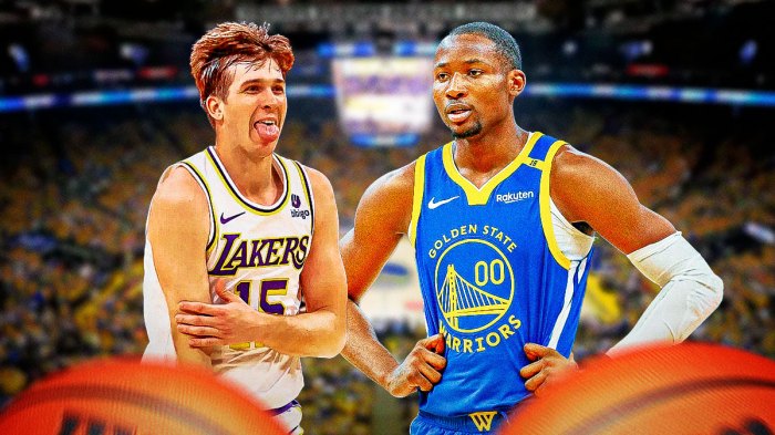 Lakers' Austin Reaves celebrating next to Warriors' Jonathan Kuminga with stoic expression