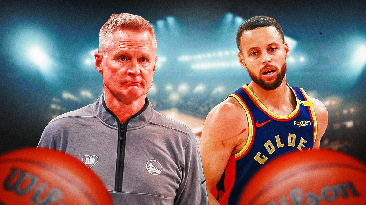 Golden State Warriors star Stephen Curry and Steve Kerr in front of the Chase Center.