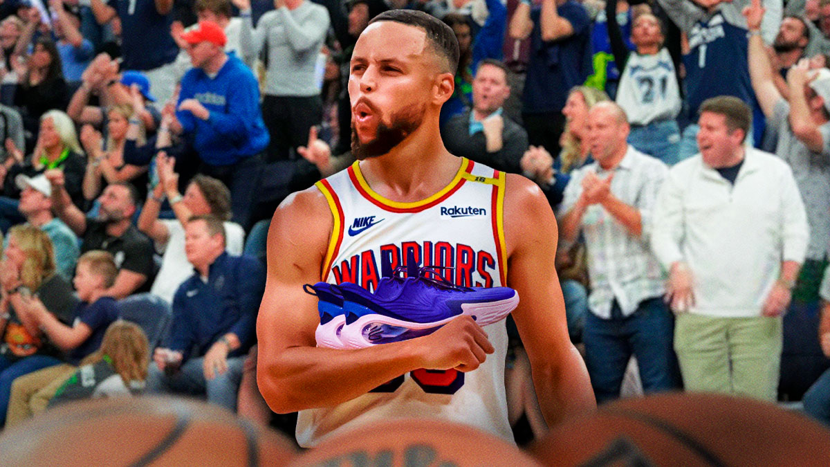 Warriors superstar Stephen Curry with a pair of his purple and pink Under Armor sneakers surrounded by fans with the Target Center in Minnesota in the background