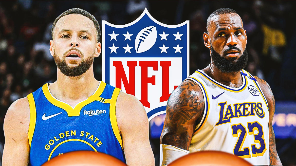 Stephen Curry and LeBron James in the middle of the NFL logo.