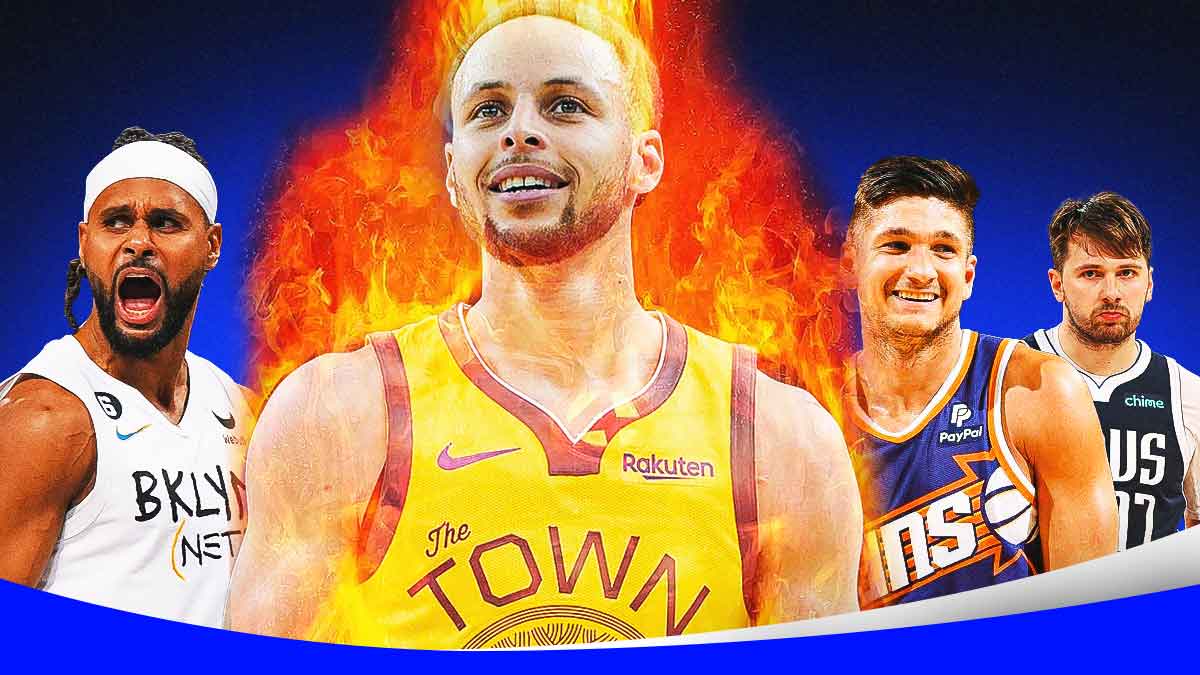 Warriors' Stephen Curry as the Human Torch, with 2021 Nets Patty Mills, 2023 Mavericks Luka Doncic and 2023 Suns Grayson Allen beside him