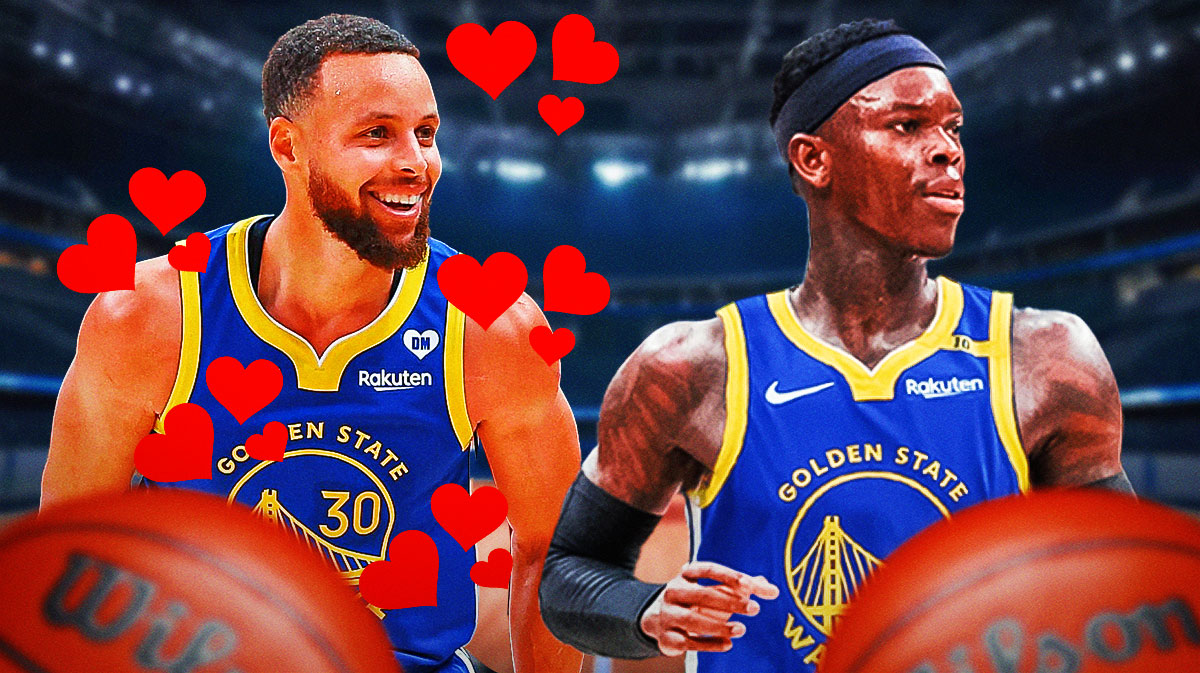 Warriors' Stephen Curry with hearts all over him, while looking at Dennis Schroder in Warriors uniform