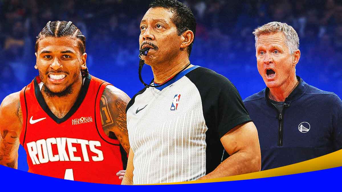 Warriors' Steve Kerr angry towards Bill Kennedy, with Rockets' Jalen Green smiling