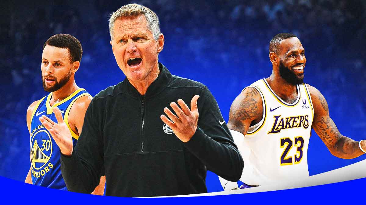 Warriors' Steve Kerr next to LeBron James and Stephen Curry