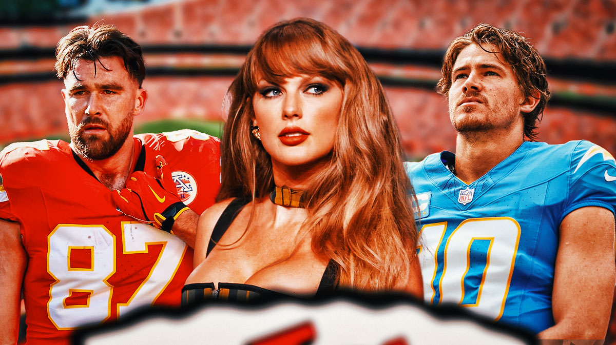 Travis Kelce of the Kansas City Chiefs, Taylor Swift, and Justin Herbert of the Los Angeles Chargers with GEHA Field at Arrowhead Stadium background.