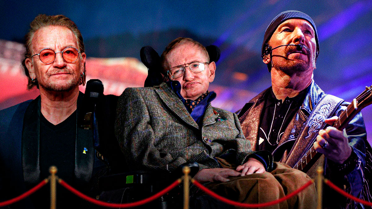 U2 members Bono and The Edge with Stephen Hawking in between them.